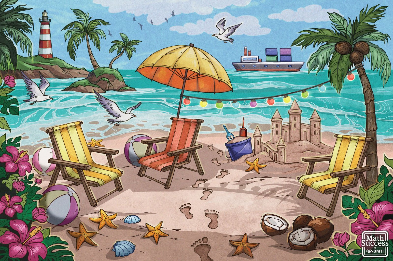 The Beach Scene Mat: a beach with countable palm trees, beach balls, chairs, umbrellas, starfish, shells and coconuts