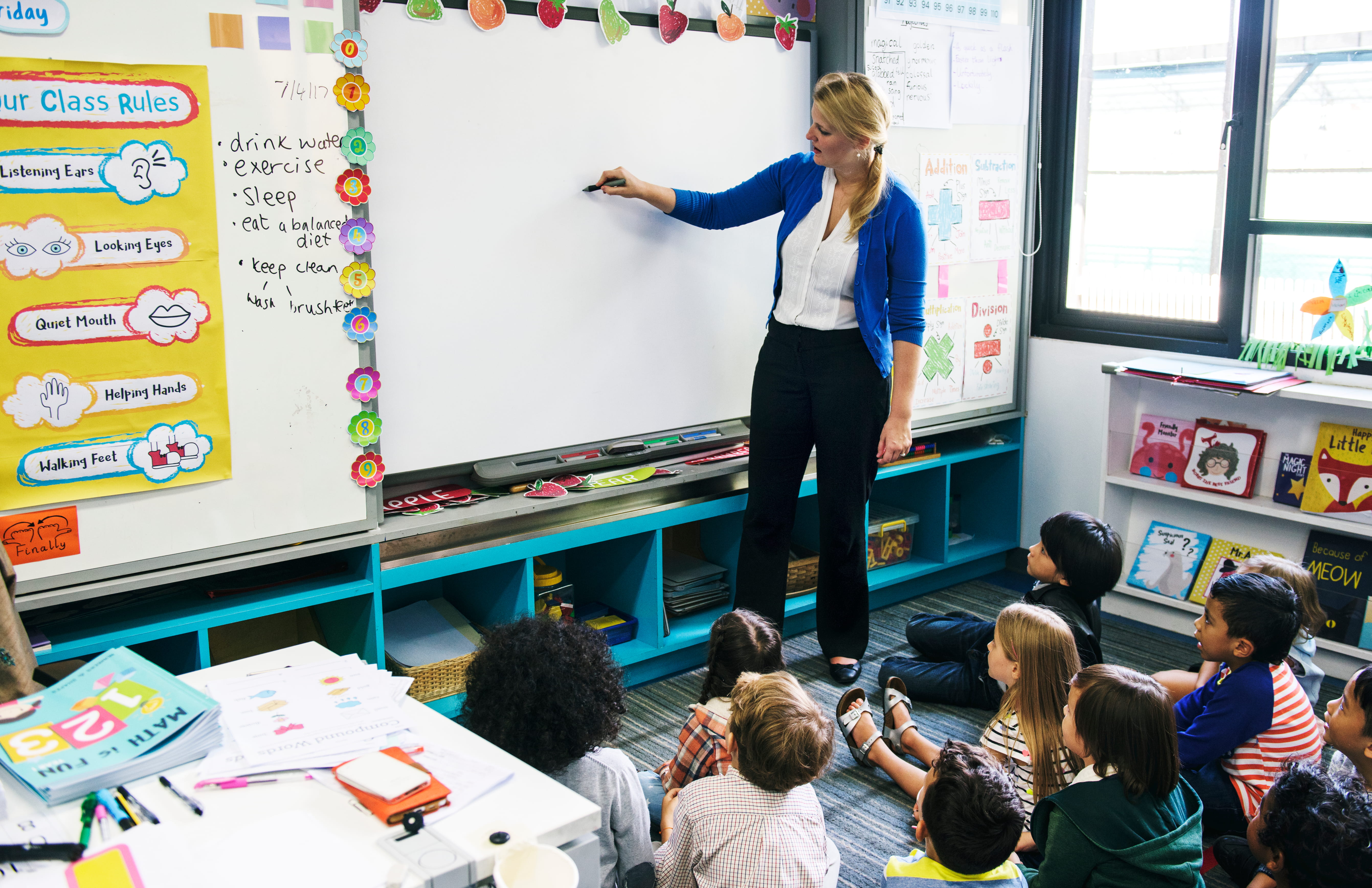 Confident, smiling students in an elementary classroom